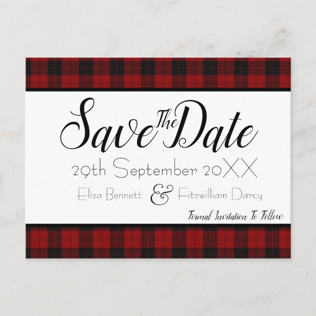 Red and Black Plaid Save the Date Postcard (Front)