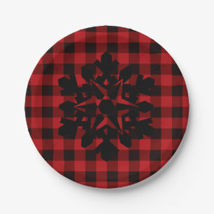 Red and Black plaid - Snow flake Paper Plate