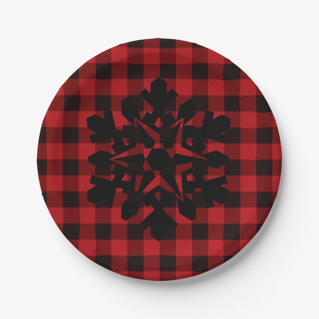 Red and Black plaid - Snow flake Paper Plate (Front)
