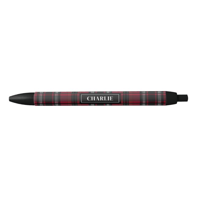 Red And Black Plaid Tartan Pattern And Custom Name Black Ink Pen (Front)