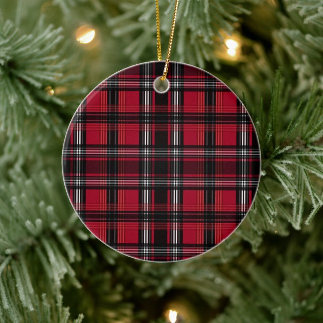 Red And Black Plaid Tartan Pattern Ceramic Ornament (Tree)