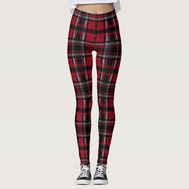Red And Black Plaid Tartan Pattern Leggings (Front)