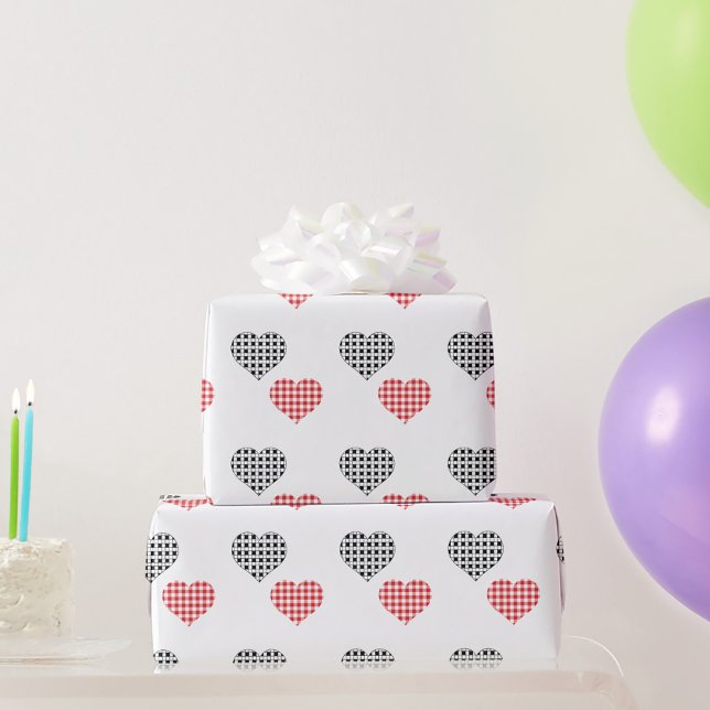 Red and Black Plaid Valentine Hearts On White Wrapping Paper (Creator Uploaded)