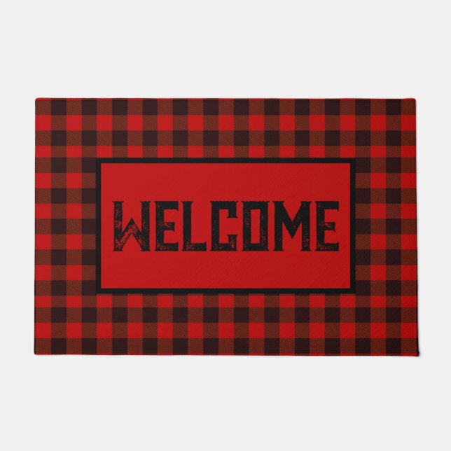 Red and Black Plaid Welcome Doormat (Front)