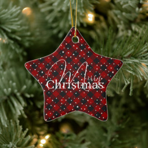 Red and black plaid with stars ceramic ornament