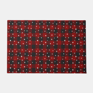 Red and black plaid with stars doormat
