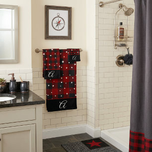 Red and black plaid with stars monogram bath towel set