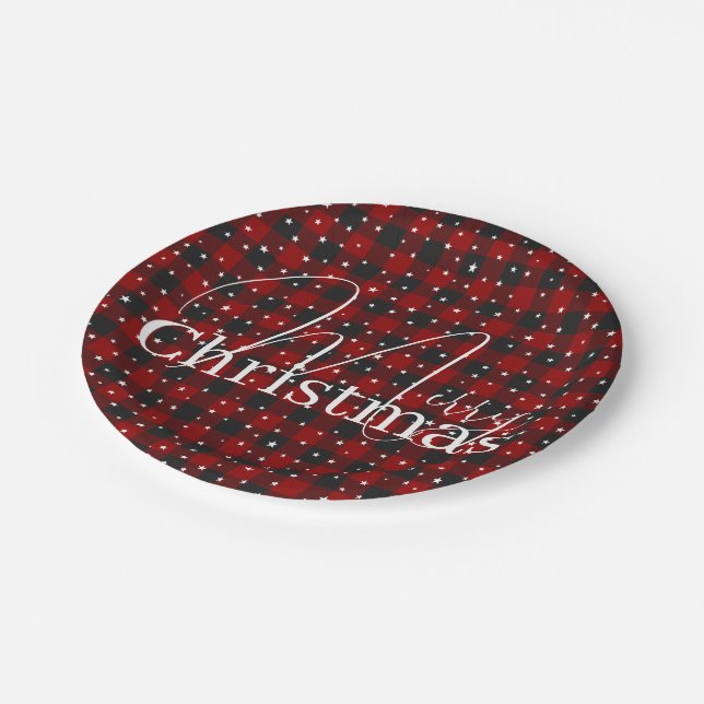 Red and black plaid with stars  paper plate (Angled)