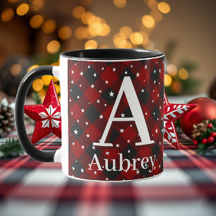 Red and black plaid with stars personalised mug