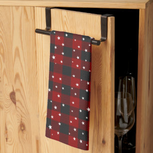 Red and black plaid with stars tea towel