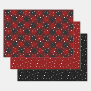 Red and black plaid with stars  wrapping paper
