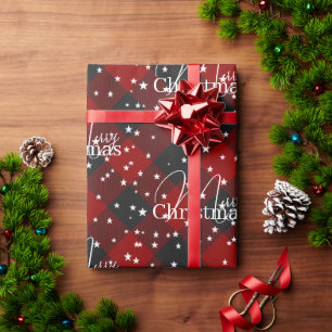 Red and black plaid with stars  wrapping paper