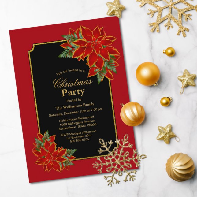 Red and Black Poinsettia Christmas Party Invitation (Creator Uploaded)