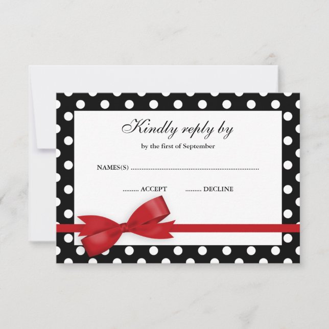Red and Black Polka Dot Bow RSVP Card (Front)