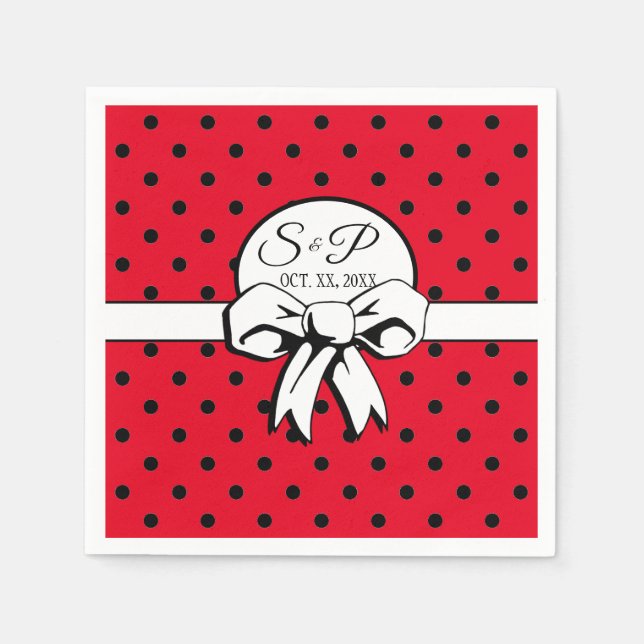 Red and Black Polka Dot White Bow Personalised Napkin (Front)