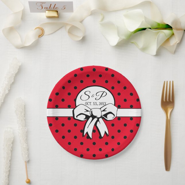Red and Black Polka Dot White Bow Personalised Paper Plate (Wedding)