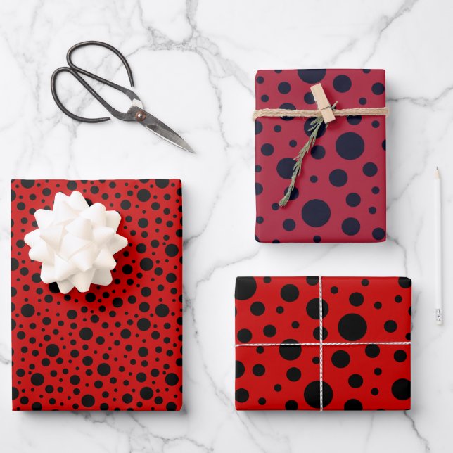 Red and black polka dots funny ladybug wrapping paper sheet (Front)