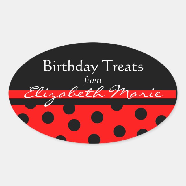 Red and Black Polka Dots with Name Oval Sticker (Front)
