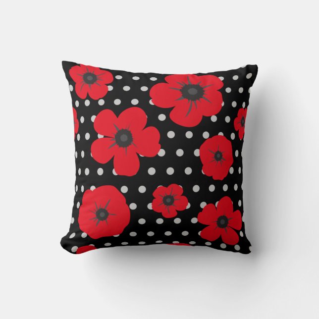Red and Black Poppy and Polka Dot Pattern Cushion (Front)