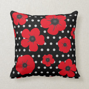 Red and Black Poppy and Polka Dot Pattern Cushion