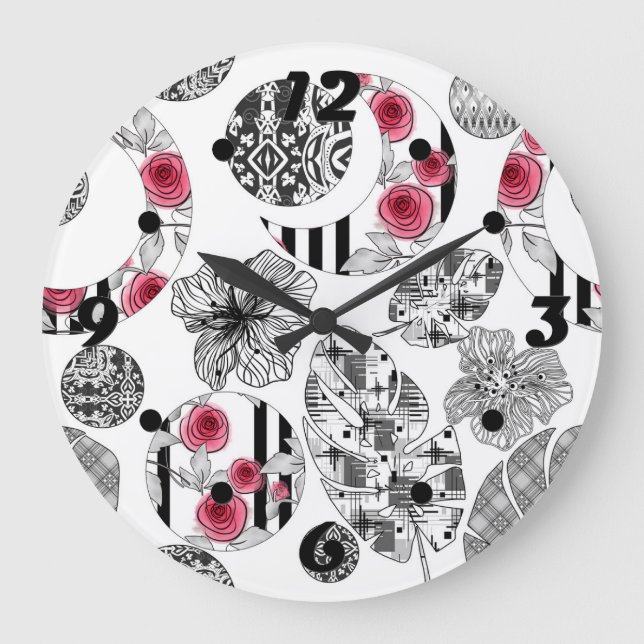 Red and Black, Quilting ,Patchwork, Rustic, Modern Large Clock (Front)