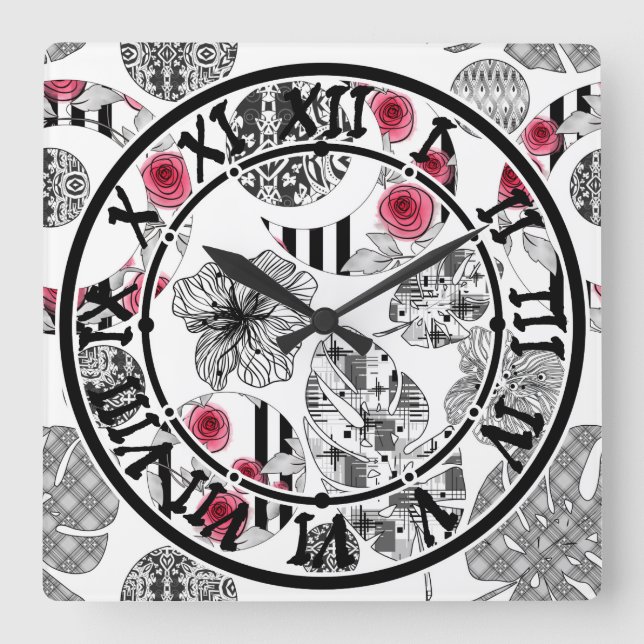 Red and Black, Quilting ,Patchwork, Rustic, Modern Square Wall Clock (Front)