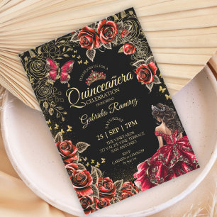 Red and Black Quinceañera Golden Tiara Roses  Invitation