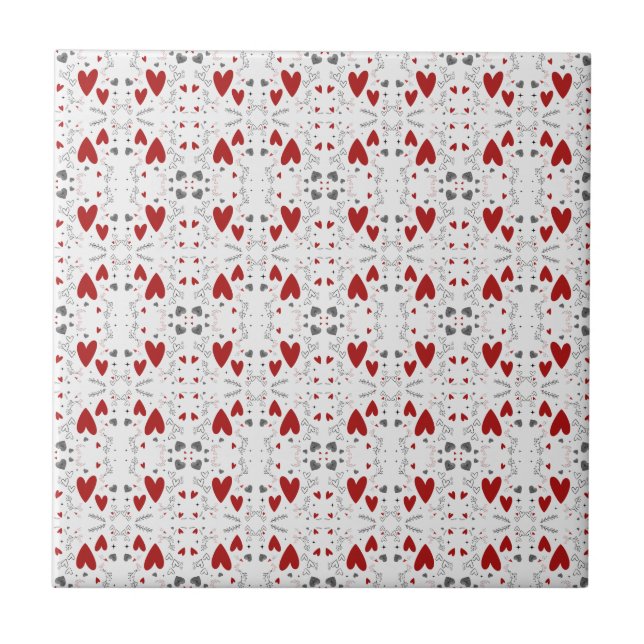Red and Black Retro Hand Drawn Hearts Love  Ceramic Tile (Front)