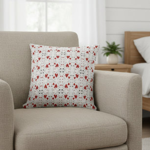 Red and Black Retro Hand Drawn Hearts Love Cushion