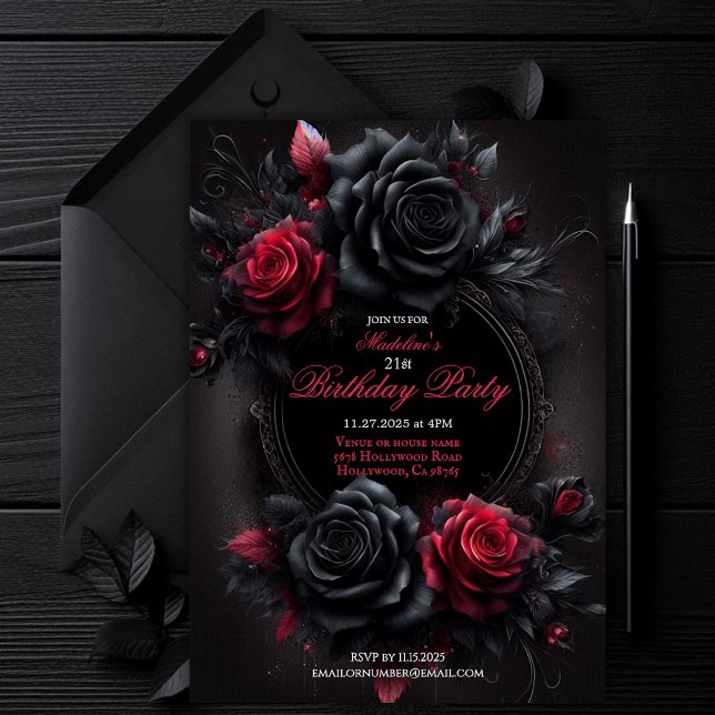 Red and Black Romantic Gothic Floral Birthday Invitation (gothic invitation, red roses invite, black roses invitation, customizable birthday invite, )