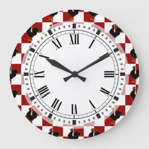 Red and Black Rooster Chicken Pattern Large Clock