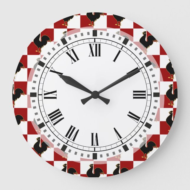 Red and Black Rooster Chicken Pattern Large Clock (Front)