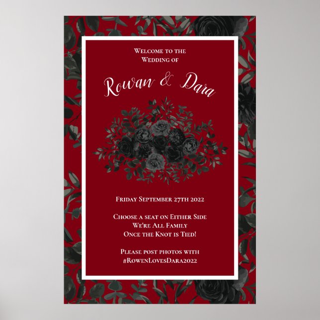 Red and Black Rose Gothic Wedding Ceremony Sign (Front)