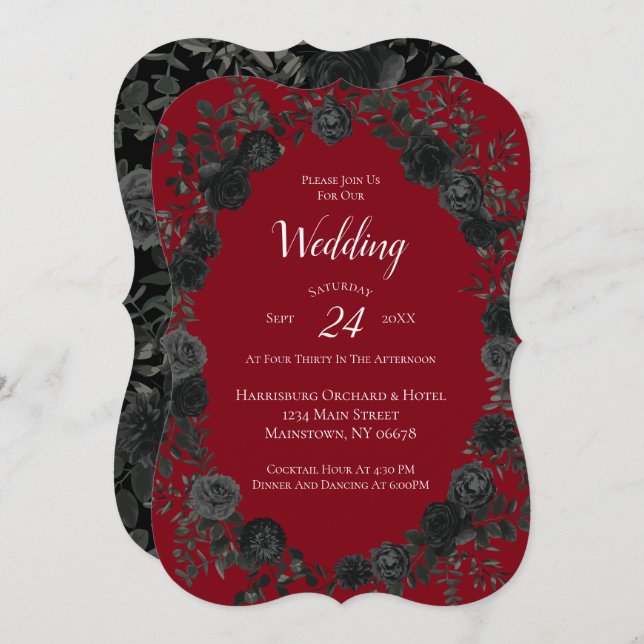 Red and Black Rose Gothic Wedding Invitation (Front/Back)