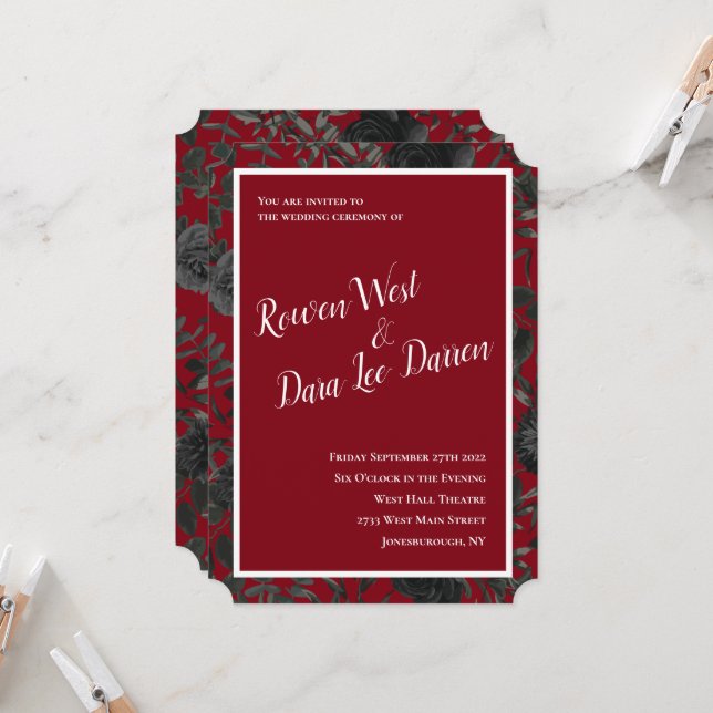 Red and Black Rose Gothic Wedding Invitations (Front/Back In Situ)