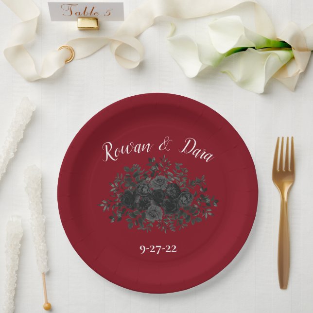 Red and Black Rose Gothic Wedding Paper Plates (Wedding)