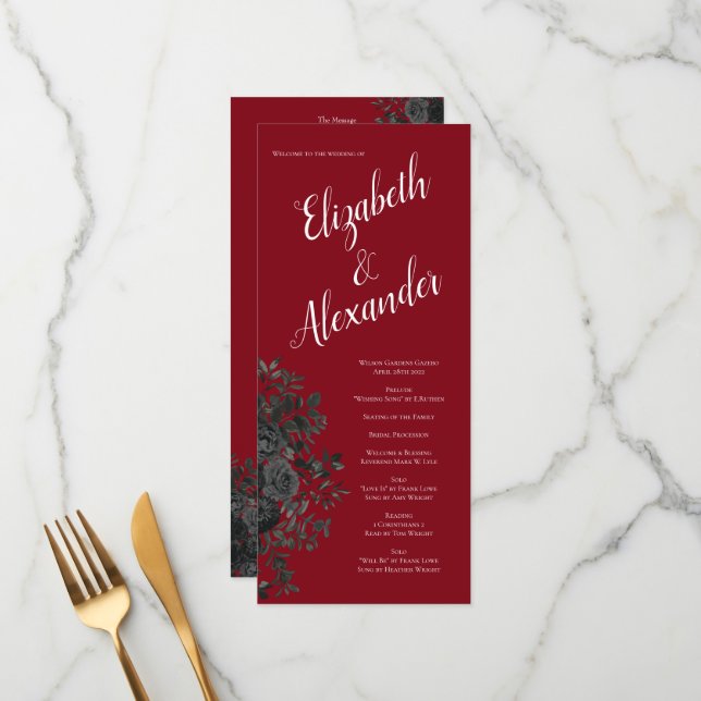 Red and Black Rose Gothic Wedding Programs (Front/Back In Situ)