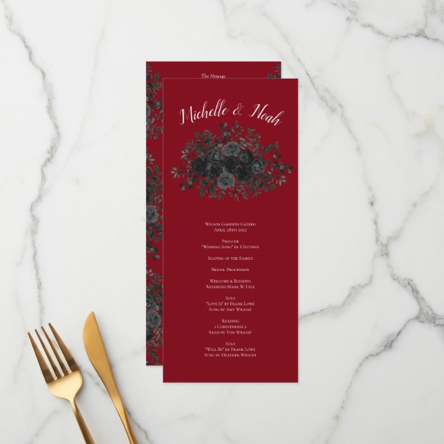 Red and Black Rose Gothic Wedding Programs (Front/Back In Situ)