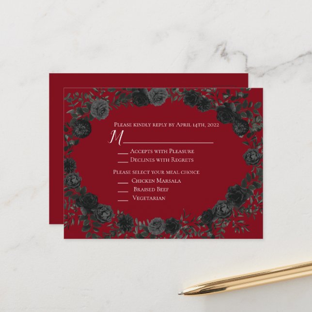 Red and Black Rose Gothic Wedding Reply Card (Front/Back In Situ)