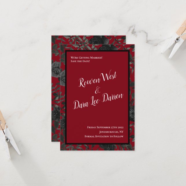 Red and Black Rose Gothic Wedding Save the Date Invitation (Front/Back In Situ)