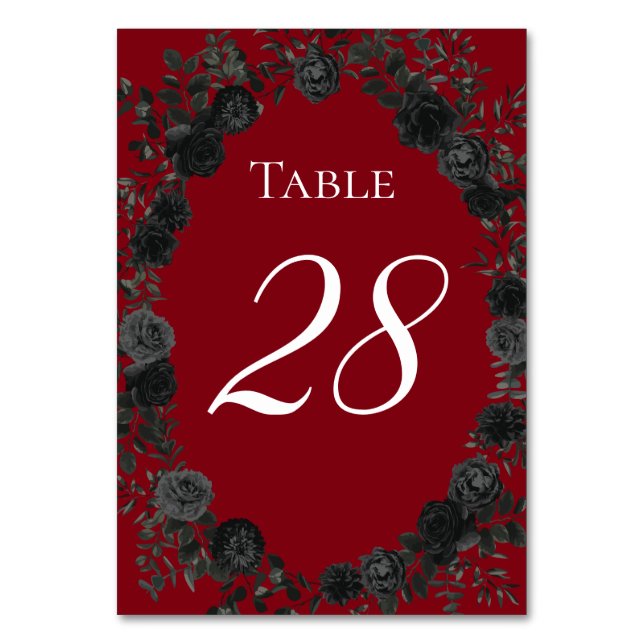 Red and Black Rose Gothic Wedding Table Numbers (Front)