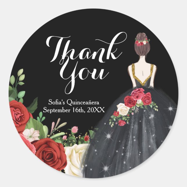 Red and Black Roses Mis Quince Thank You Classic Round Sticker (Front)