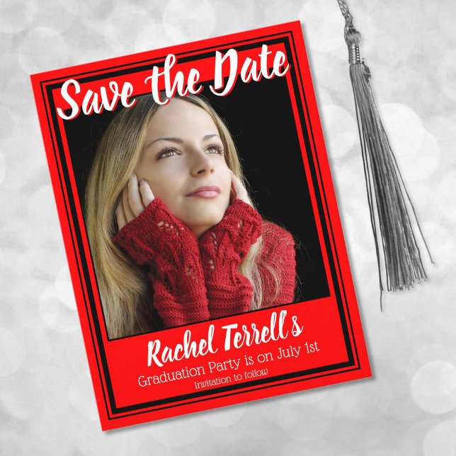 Red and Black Save the Date Graduation Announcement Postcard (Creator Uploaded)