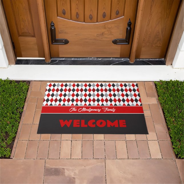 Red and Black School Colours Argyle Pattern Doormat (Outdoor)