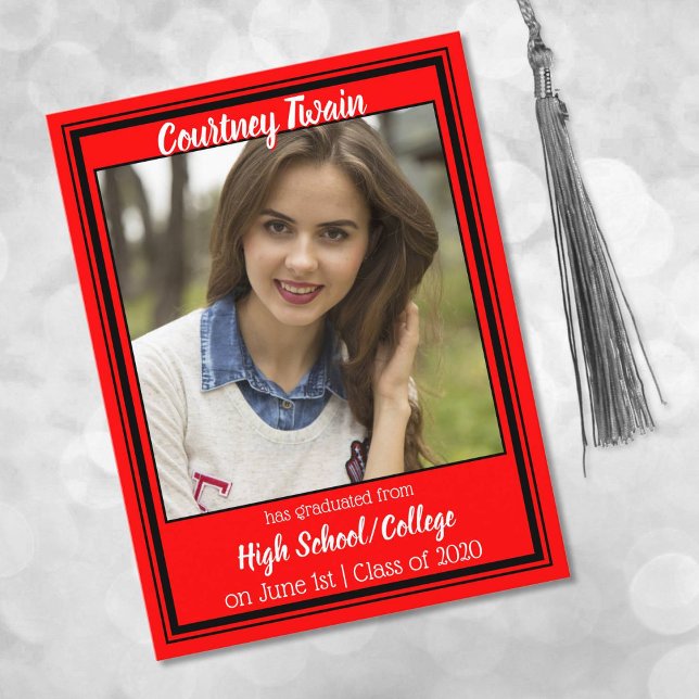 Red and Black School Colours Photo Graduation Announcement Postcard (Creator Uploaded)