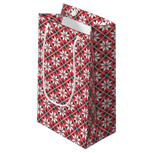 Red and black seamless cross-stitch pattern small gift bag (Front Angled)