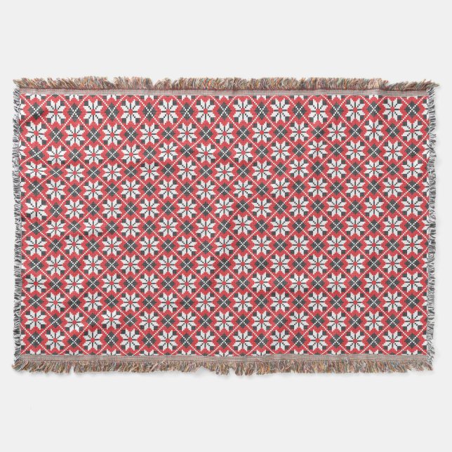 Red and black seamless cross-stitch pattern throw blanket (Front)