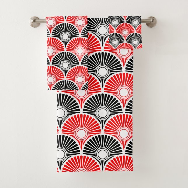 Red and Black Semi Circle Wave Pattern Bath Towel Set (Insitu)