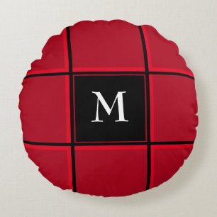 Red and Black Single Initial Christmas Round Cushion
