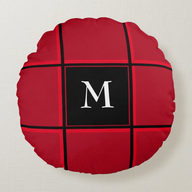 Red and Black Single Initial Christmas Round Cushion (Front)